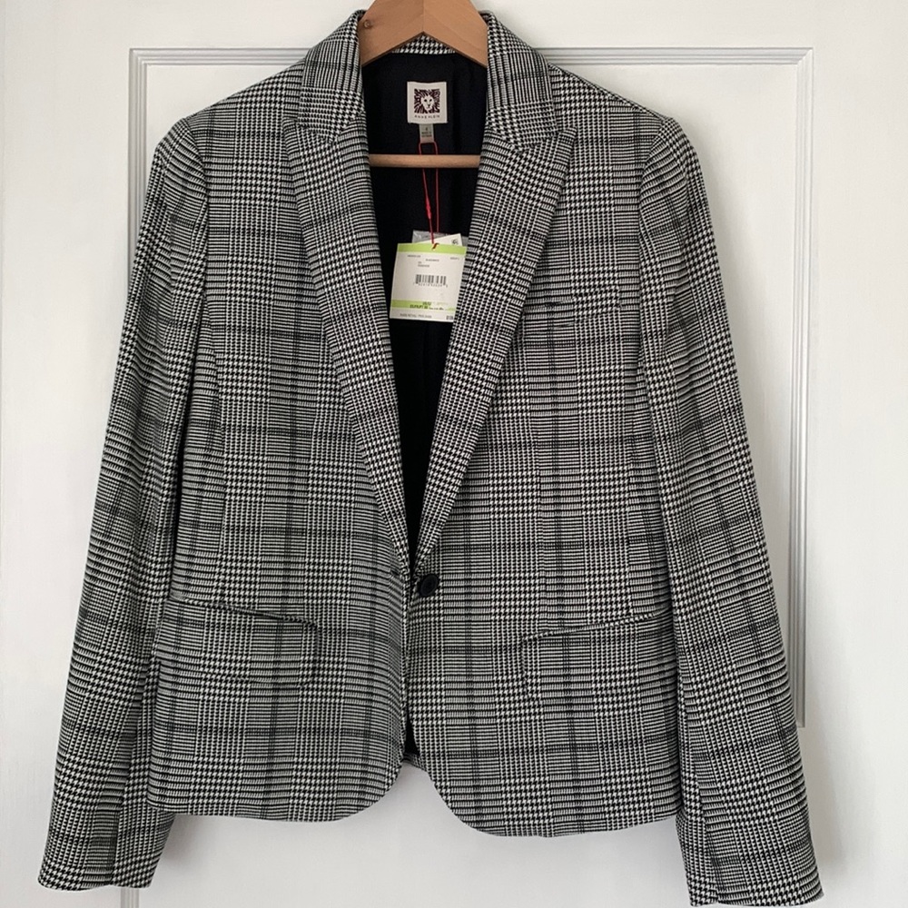 *Anne Klein Plaid Black White Checkered Blazer Size 4 Small Work Jacket
